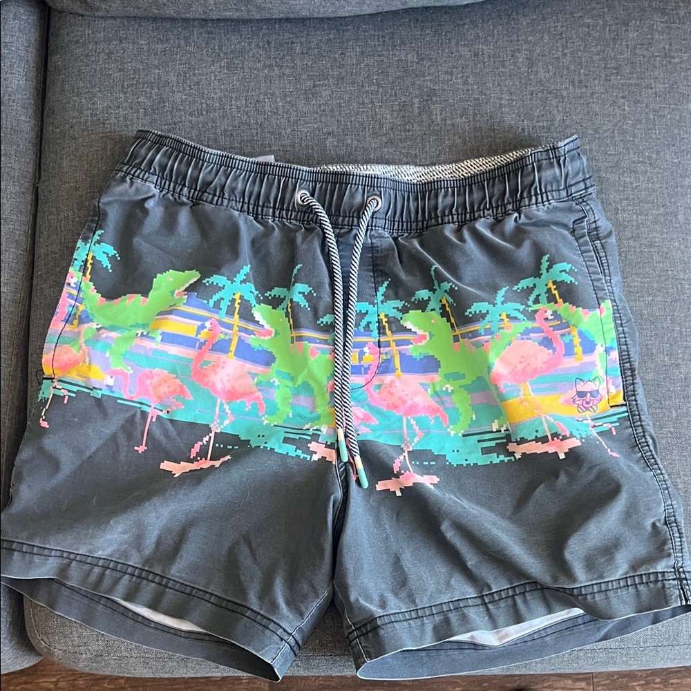 Men's Black Athletic Swim Shorts with Neon Flamingo Print